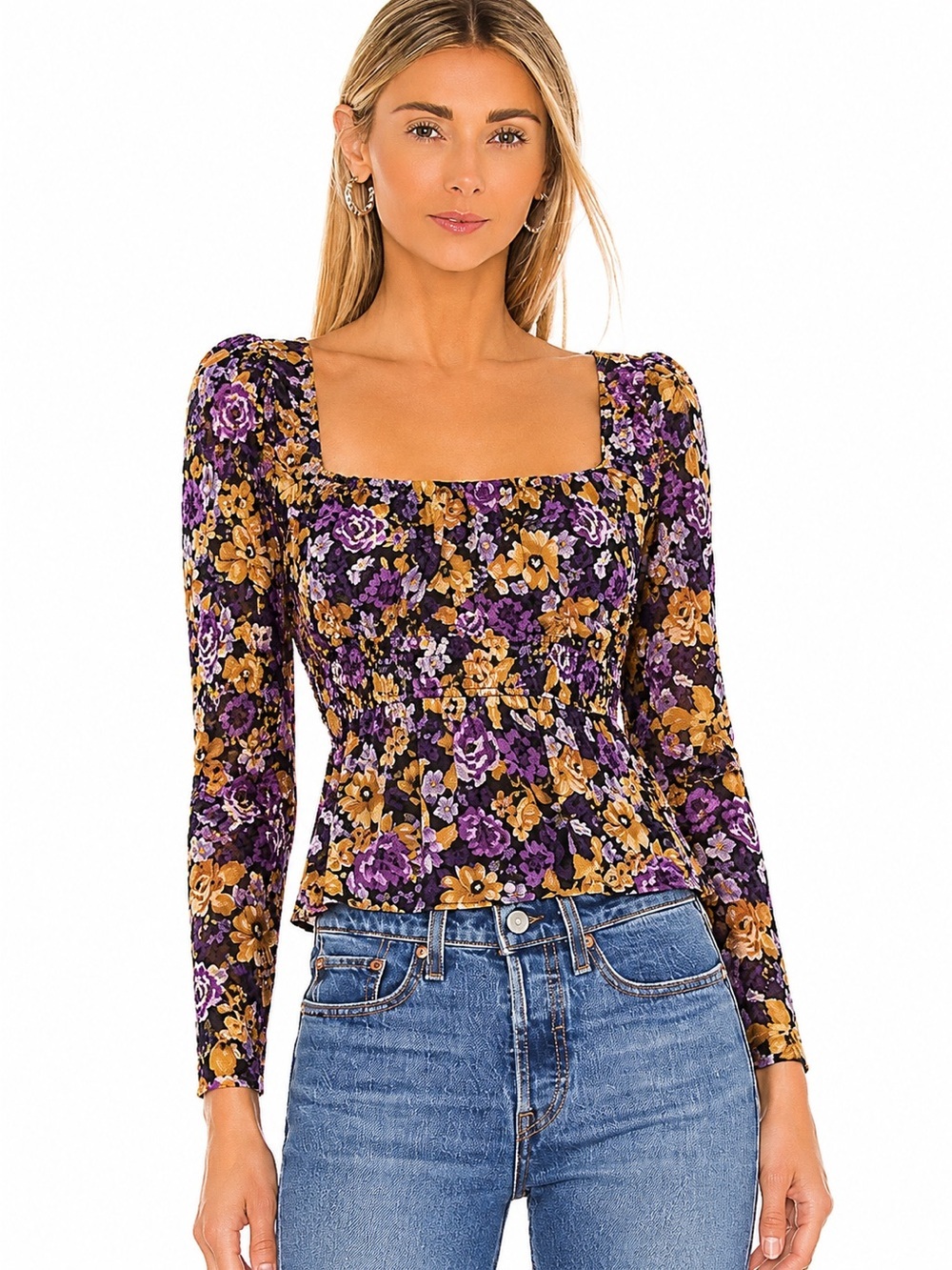 ASTR The Label Floral Blouse Top Square Neck Valentines Day Date Night Shirt